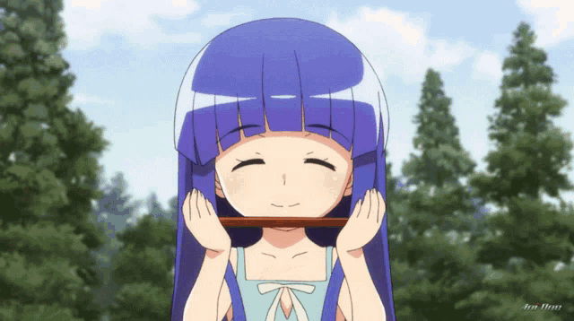 a girl with purple hair is holding a stick in her mouth