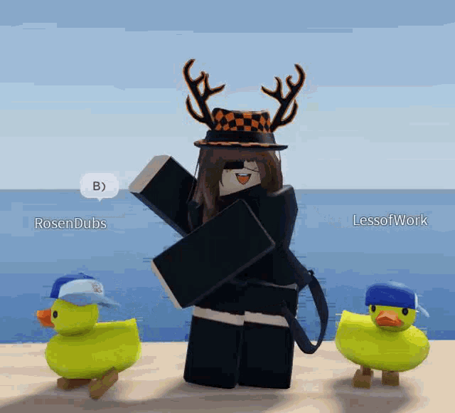 a girl with antlers is standing next to two yellow ducks with hats on