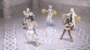 a group of cheerleaders are dancing in a room with a celtic design on the floor