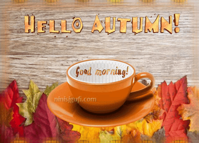 a cup of coffee on a saucer with the words hello autumn good morning