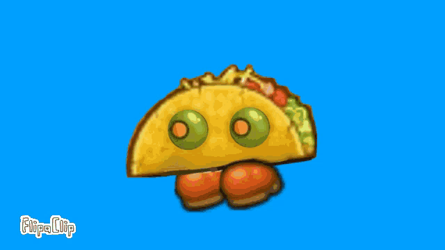 a cartoon taco with green olives and carrots on it 's face
