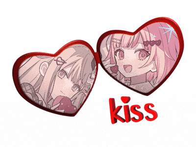two hearts with a picture of a girl and the word kiss underneath
