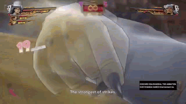 a video game is being played and the strongest of strikes is being said