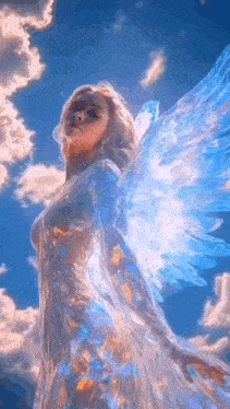 a woman with angel wings is standing in front of a blue sky .