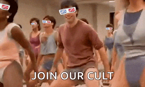a group of people wearing 3d glasses are dancing and the words join our cult are on the bottom