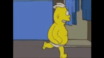 a cartoon character is running in a diaper in a bathroom .