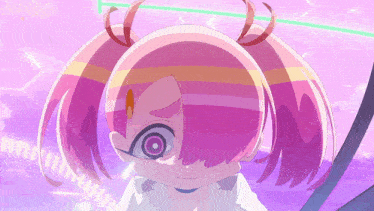 a cartoon character with pink hair and a circle in her eye