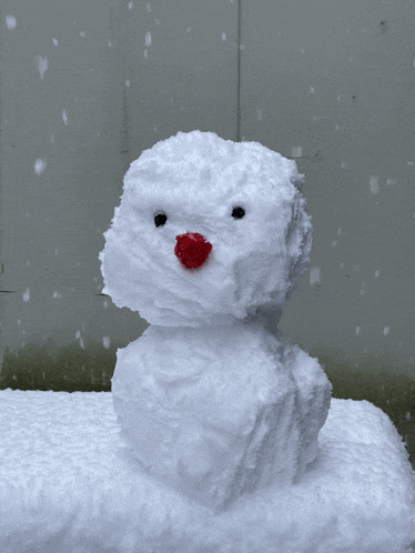 a snowman with a red nose is sitting on a pile of snow