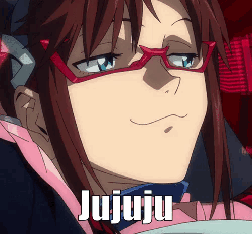 a close up of a girl with glasses and the word jujuju written below her