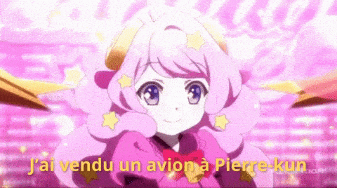 a girl with pink hair and stars on her head is standing in front of a pink background .