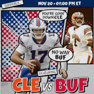 an advertisement for cle vs buf featuring a football player