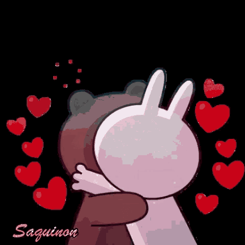 a brown bear and a white rabbit hugging each other