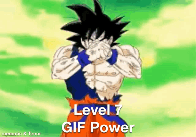 a cartoon character is standing in front of a green background with the words level 7 gif power written on it .