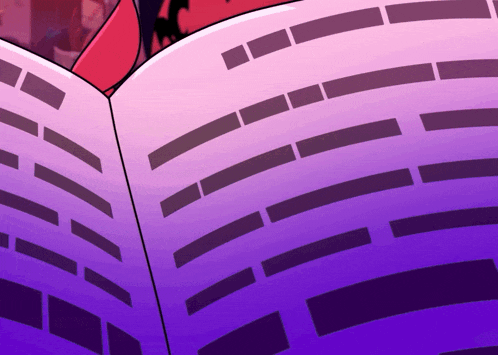 a cartoon drawing of a person reading a purple book