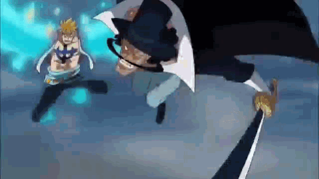 a man in a top hat is holding a sword and fighting another man in a white shirt .