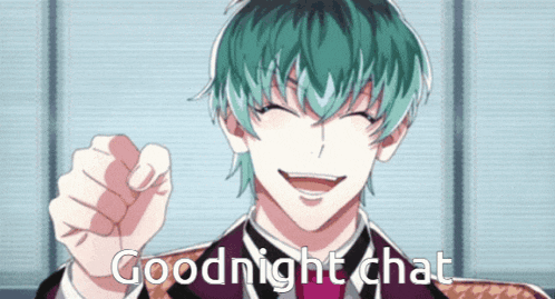 a man with green hair is pointing at the camera and says goodnight chat