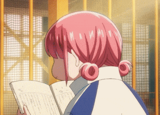a girl with pink hair is reading a book in front of a yellow net