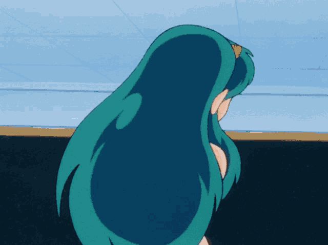 a woman with long blue hair and horns on her head