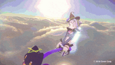 a witch is flying through the air in a video game with a copyright of 2016 cover corp