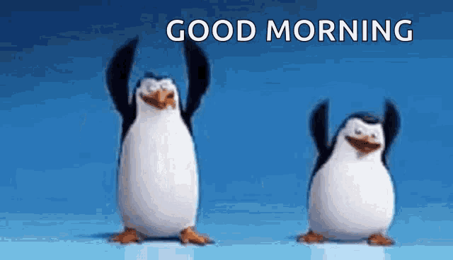 two penguins from the movie madagascar are dancing together and saying good morning .