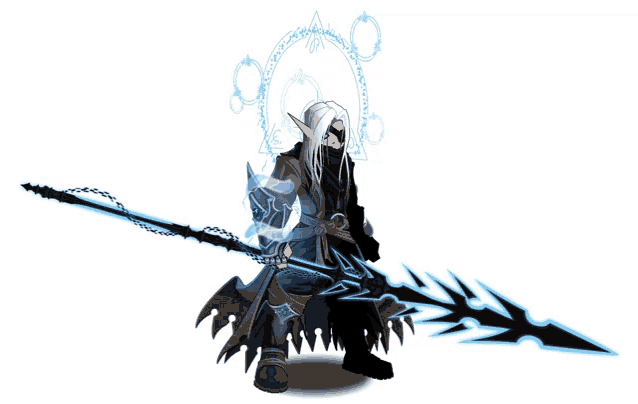 a man with long white hair is holding a spear