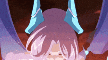 a woman with purple hair and blue horns looks down