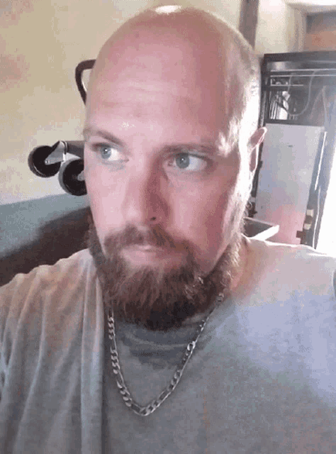 a bald man with a beard and chain around his neck