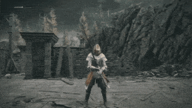 a man in a video game is holding a sword with wings