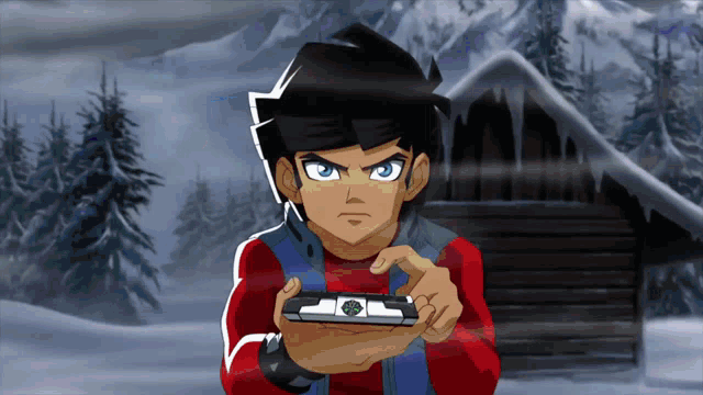 a boy in a red shirt is holding a device in his hand
