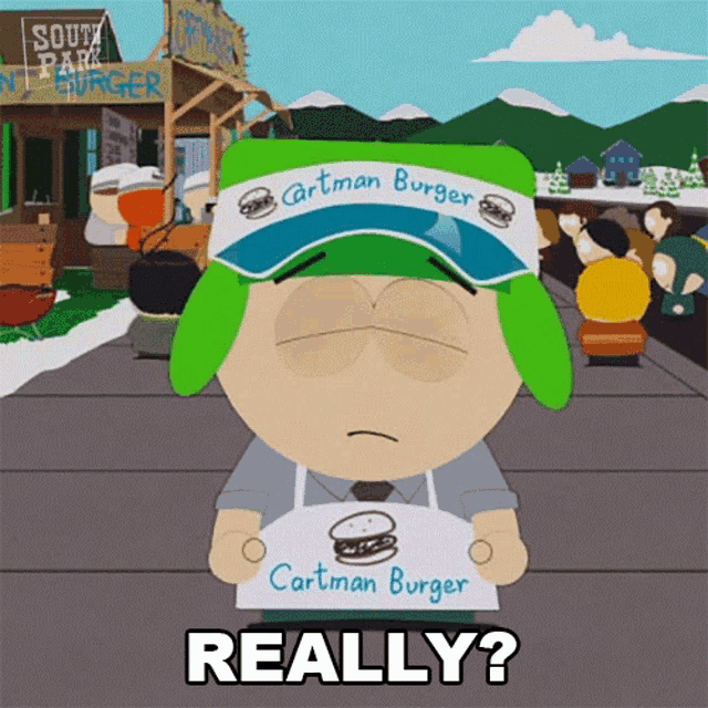 a cartoon character from south park holding a sign that says cartman burger