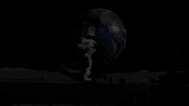 a black and white image of an astronaut holding a flag with the word universe written on it