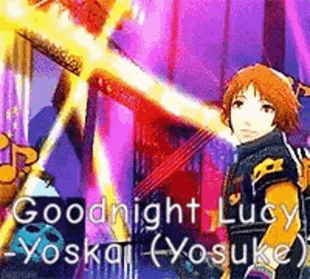a video game character is holding a sword and says goodnight lucy - yoskai - yosuke
