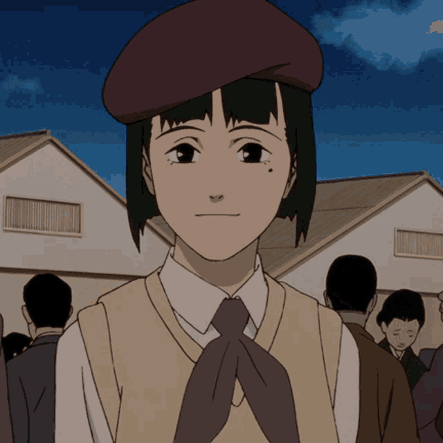 a girl wearing a beret and a tie stands in front of a group of people