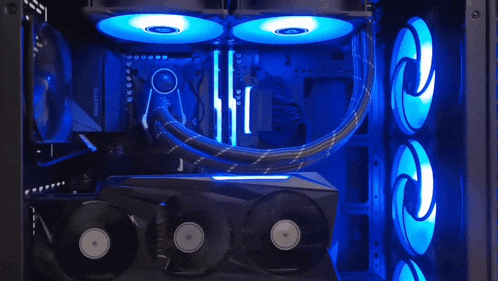 the inside of a computer case with blue lights on