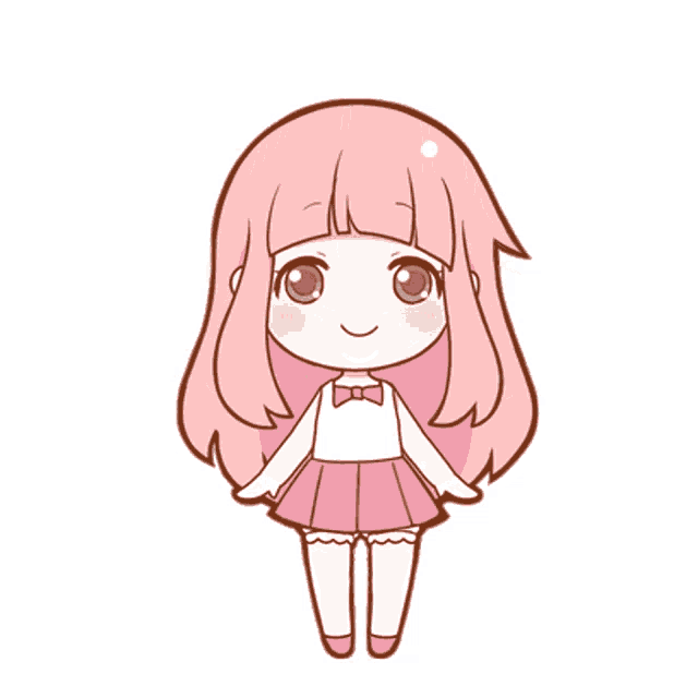 a cartoon girl with pink hair is jumping in the air with her arms outstretched