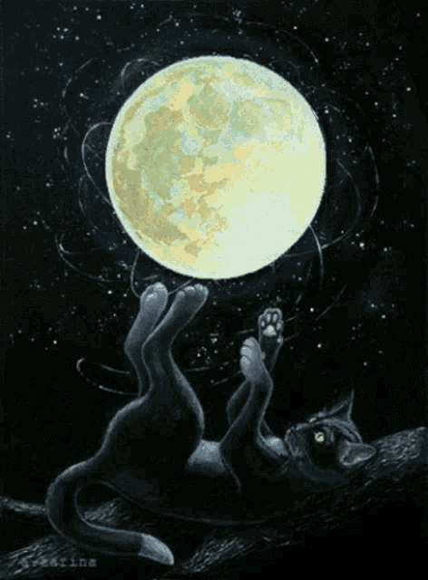 a painting of a black cat laying on its back with a full moon in the background
