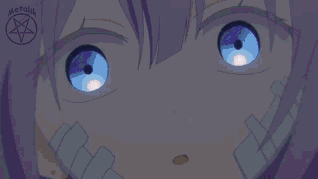 a close up of a girl with red eyes and purple hair