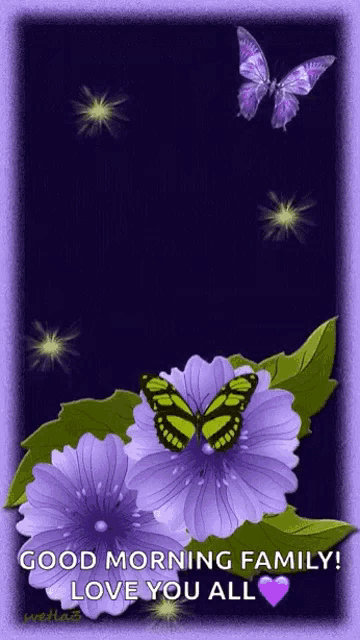a picture of purple flowers and butterflies with the words " good morning family love you all "
