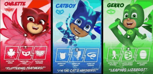 three posters for owlette catboy and gekko from the pj masks series
