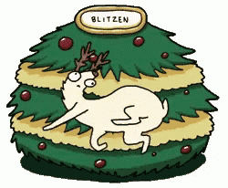 a cartoon of a dog standing under a christmas tree