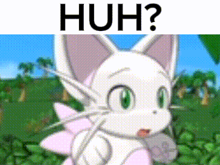 a cartoon cat is standing in a field with the words huh written above it