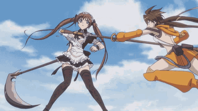a girl in a maid outfit is holding a sword while another girl holds a scythe