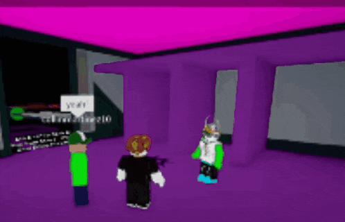 two roblox characters are standing in a room with a purple ceiling