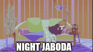 a cartoon of a girl sleeping with the words night jaboda above her
