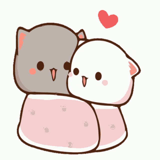 a couple of cartoon cats hugging each other with a heart in the background