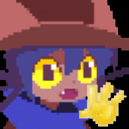 a pixel art of a girl with yellow eyes holding a yellow object