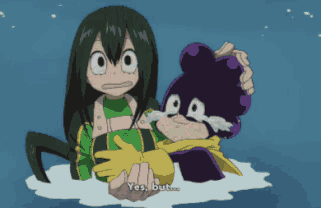 a cartoon of a girl holding a purple bear that says yes but on it