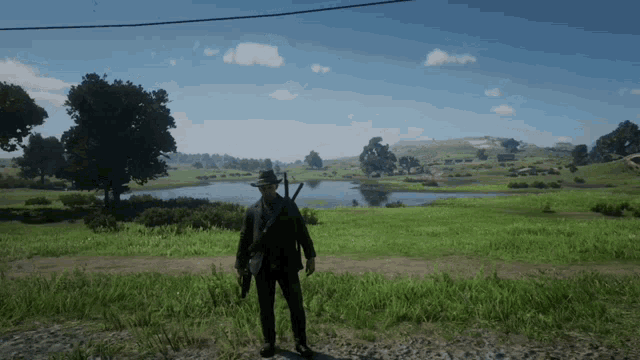 a man in a cowboy hat is standing in a grassy field