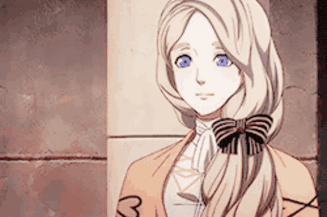 a woman with blonde hair and blue eyes is wearing a bow tie .