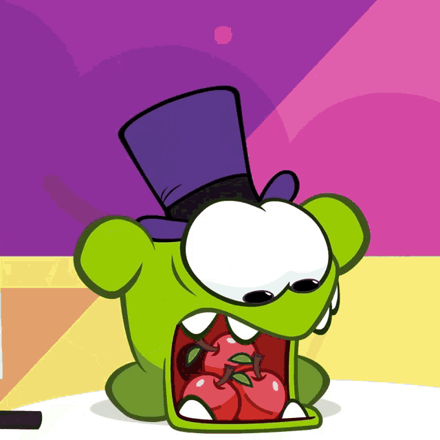 a green cartoon character wearing a top hat eating apples